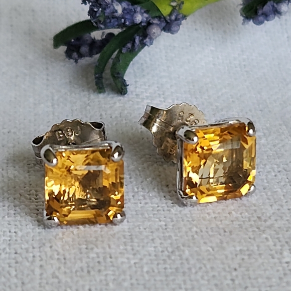 Asscher Cut Citrine Stud Earrings - Picture 1 of 7